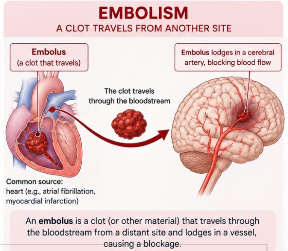 <ul><li><p><strong><mark data-color="purple" style="background-color: purple; color: inherit;">A clot or plug that is brought through the blood from a larger vessel to a smaller vessel</mark></strong></p></li><li><p class="p1"><strong><mark data-color="purple" style="background-color: purple; color: inherit;">Plug can be a clot, bubble of air, or mass of cells</mark></strong></p></li><li><p class="p1"><strong><mark data-color="purple" style="background-color: purple; color: inherit;">Usually affect the middle cerebral artery of the brain’s left side</mark></strong></p></li><li><p class="p1"><strong><mark data-color="green" style="background-color: green; color: inherit;">the clot comes from elsewhere***</mark></strong></p></li></ul><p></p>