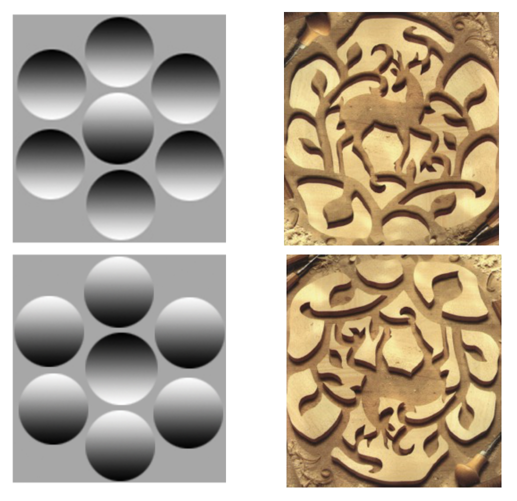 <p>above. sun.</p><p><span style="color: rgb(9, 203, 245);"><span>raised. </span></span><span style="color: rgb(7, 248, 50);"><span>indented.</span></span></p><p>convex or concave. <span style="color: rgb(246, 212, 138);">(Basially, Light-on-top = raised (convex) If an object is: Brighter on top and Darker on the bottom, our brain interprets it as bulging outward (convex), like a bump. However, if Light-on-bottom = indented (concave). If shading is reversed: Darker on top and Brighter on bottom, our brain interprets it as curving inward (concave), like a dent or hole. If you flip the shading of the exact same image, it can suddenly switch from looking like: A bump → to a dent or A dent → to a bump. Nothing about the shape changed — only the shading direction.)</span></p><p>3D. navigation.</p>