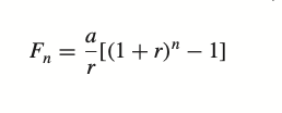 <p>Total future value = a/r[(1+r)^n-1]</p>