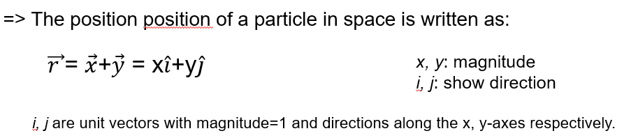 <ul><li><p><span>Position vector (</span><span style="font-family: "Cambria Math";">r&nbsp;⃗</span><span>) is the vector that goes from the origin O (0, 0) of the coordinate system to that point P</span></p></li><li><p><span>Position vector (</span><span style="font-family: "Cambria Math";">r&nbsp;⃗</span><span>) is analysed into its components, which&nbsp; are the Cartesian coordinates of that particle in space (x</span><span style="font-family: "Cambria Math";">i&nbsp;̂, </span><span>y</span><span style="font-family: "Cambria Math";">j&nbsp;̂</span><span>)</span></p></li></ul><p></p>