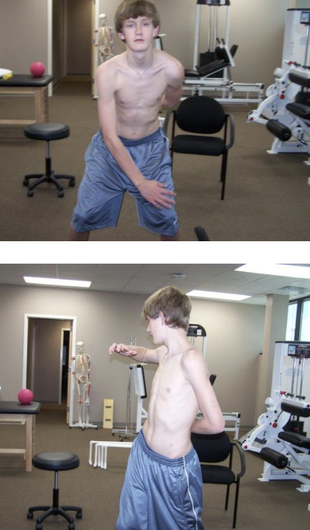 <p>Subjects began the exercise with their trunk flexed and rotated to the contralateral side from the instrumented arm with their hand at the level of their contralateral patella. Subjects were instructed to rotate the trunk toward the instrumented arm and extend the hip and trunk to a vertical orientation while simultaneously placing their instrumented arm at waist level and retracting their scapula so that they try to place an “elbow into their back pocket” position. Body movement was smooth, but the retraction position was to be completed with a strong contraction of the muscles. </p><p>Note: Good coordination of 3 upward rotators, UT, MT, SA (Watch for inpigement)</p>