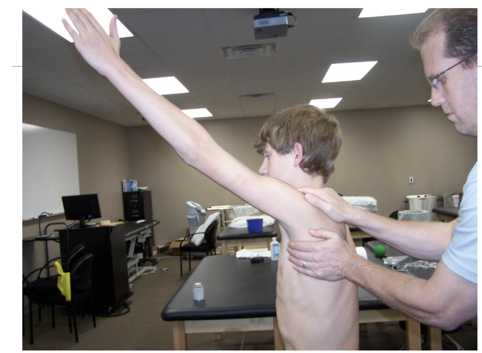 <p>Have the patient perform elevation under normal conditions and assess the pain experienced</p><p>Manually assist scapular upward rotation and posterior scapular tilting (not part of the original test) during shoulder elevation and determining this effect on pain</p><p>A positive test is when pain with elevation is either decreased or abolished during the assisted maneuver.</p>