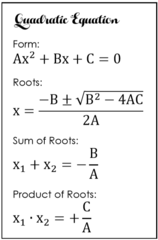 <p>- Roots</p><p>- Sum of Roots</p><p>- Product of Roots</p><p>- (3) Discriminant conditions</p><p>- Two roots/perfect square roots/one real solution</p>