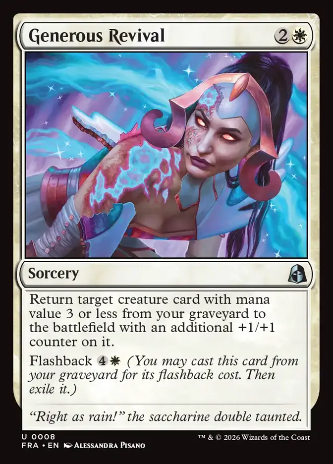 <p>Return target creature card with mana value 3 or less from your graveyard to the battlefield with an additional +1/+1 counter on it.</p><p>Flashback {4}{W} <em>(You may cast this card from your graveyard for its flashback cost. Then exile it.)</em></p>