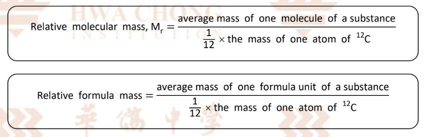<p>*average → important!</p><p>*relative masses → no units</p><p>*relative formula mass → used for ionic compounds</p><p>*Mr = sum of all Ar → remember to add the water (of crystallisation) in to the Mr too!</p>