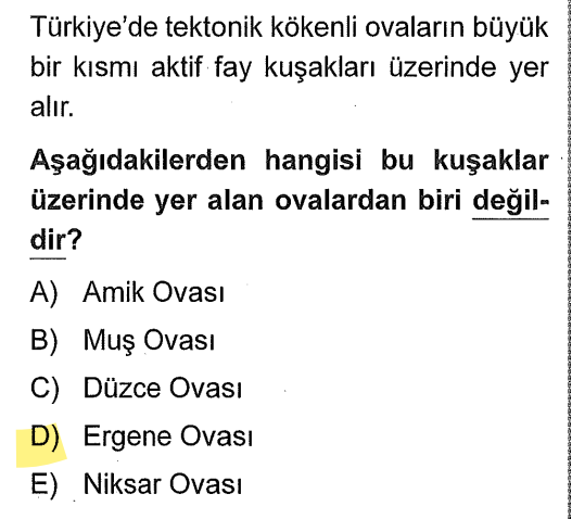 <p>Türkiye bir deprem ülkesidir ve ovalarımızın çoğu fay hatları üzerindeki çöküntü alanlarındadır. Amik (DAF), Muş (DAF), Düzce (KAF) ve Niksar (KAF) aktif hatlar üzerindedir. Ancak <strong>Ergene Ovası (Marmara/Trakya)</strong> masif, yani eski ve daha durağan bir yapıdadır; aktif bir fay kuşağı üzerinde değildir.</p>