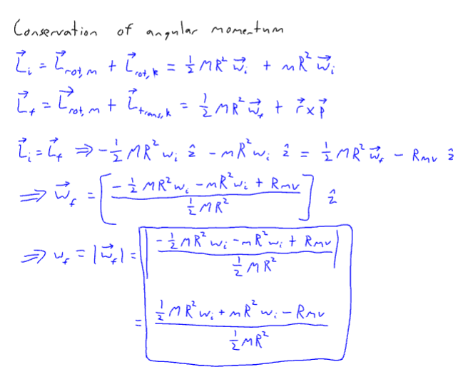 <p>set up conservation of angular momentum, initial L only has L_rots while final L has one L_rot and one L_trans</p>