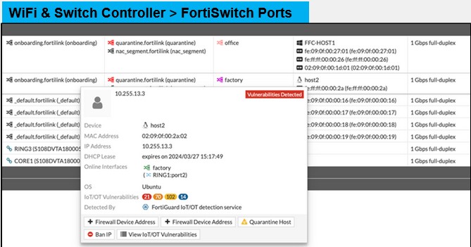 <p>FortiLink device detection, combined with FortiGuard Services, enables comprehensive device identification and vulnerability detection. It allows FortiGate to automatically detect any device connected to the network and analyze its potential security risks. By identifying device types and their associated vulnerabilities, administrators can take proactive steps to secure the network.</p>