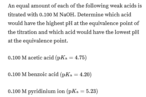 <p>Determine which will have highest pH at EQ point of titration given pKA between several acids</p>