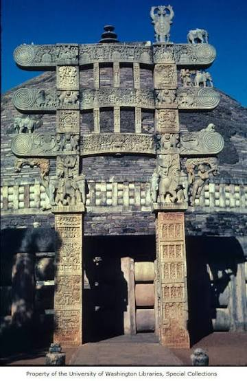 <p>Stone gateway (Torana) where decorative carving only on the gateways, continuing the narrative of the Buddha’s life. </p>