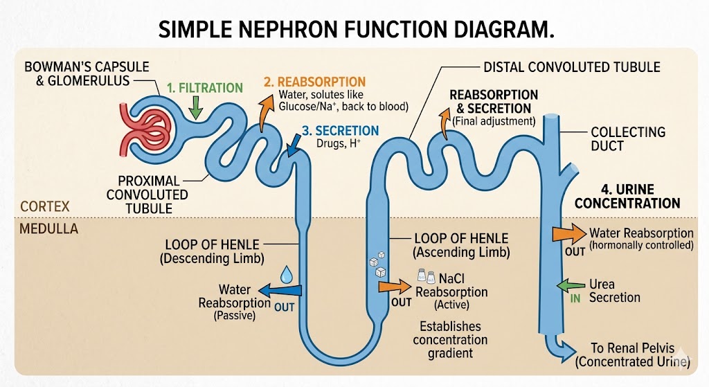 <p>The mammalian kidney coordinates three processes within the functional unit called the nephron.</p><ul><li><p>Filtration in Glomerulus/Bowman’s Capsule: Blood pressure forces water and small solutes (like urea and salts) out of the capillaries and into the nephron to create a "filtrate."</p></li><li><p>Reabsorption in Proximal Tubule &amp; Loop of Henle: The body "reclaims" valuable water and solutes from the filtrate. In the Loop of Henle, a concentration gradient is established in the kidney tissue that is essential for making urine concentrated.</p></li><li><p>Secretion in Distal Tubule: The kidney actively pumps specific wastes or excess ions from the blood <em>into</em> the nephron to be added to the urine.</p></li></ul><p></p><p>To make the urine hyperosmotic:</p><ol><li><p>Water Reabsorption: As the filtrate moves down the Collecting Duct, water is pulled out of the nephron and back into the body.</p></li><li><p>Urea Concentration: Because water is removed but urea is largely left behind (or recycled in the inner medulla), the urea becomes highly concentrated in the final urine.</p></li></ol><p></p>