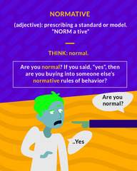 <p>establishing, relating to, or deriving from a standard or norm, especially of behavior</p>