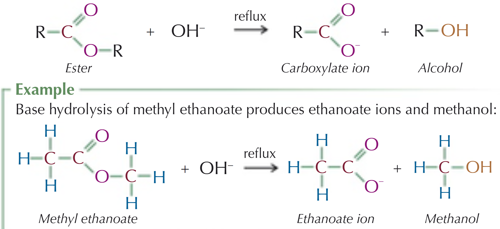 <p>Base hydrolysis splits the ester into a <strong>carboxylate ion</strong> &amp; an <strong>alcohol</strong>:</p><ul><li><p>the ester has to be refluxed with a dilute alkali (e.g. NaOH)</p></li><li><p>OH<sup>-</sup> ions from the base react with the ester, producing a carboxylate ion &amp; an alcohol</p></li></ul><p></p>
