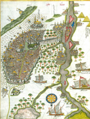 <p><span>Map of Cairo from Book of Navigation (Kitab-ı Bahriye)<br>by Piri Reis, presented to Ottoman Sultan Suleiman,<br>c. 1500.</span></p>