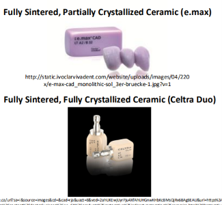 <ul><li><p><strong>Bulk </strong>ceramic materials are either <strong><em>sintered or partially sintered</em></strong> in a <strong>block </strong>format, which are then <strong><u>machined to the final shape</u></strong></p></li><li><p><strong>Hard </strong>Machining – when the ceramic is <strong><em>fully sintered before machining</em></strong></p><ul><li><p>Can be fully <em>crystallized or partially crystallized</em></p></li><li><p><em>sinter → machining</em></p></li><li><p><em>highly geometrically accurate </em></p></li><li><p><em>but limited in terms of choices of materials - as some may blunt machine very quickly </em></p></li></ul></li><li><p><strong>Soft Machining – machining is performed on a <em>partially sintered ceramic</em></strong></p><ul><li><p>Full sintering occurs <strong><u>after </u></strong>machining</p></li><li><p>partial sinter → machining oversized form→ partial sinter</p></li><li><p>must consider shrinkage </p></li></ul></li></ul><p></p>