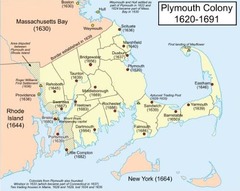 <p>This colony was started by the Pilgrims at Plymouth (Massechusetts). In the first winter nearly half of them perished. They were helped by friendly American Indians and celebrated the first Thanksgiving in 1621. (p. 26)</p>