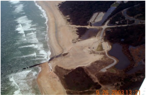 <p>In this picture of a jetty on a beach, which direction is the longshore transport going? </p>