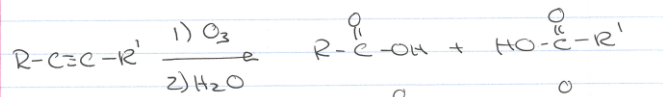 <p>The ozone will cleave the triple bond which then creates R-COOH (Carboxcylic Acid) or COOH-C-R’, where it clips one side of the triple bond off and replaces it with a COOH group. </p>