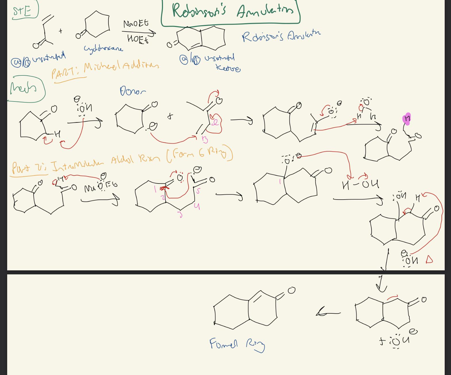 <p><strong>Michael Reaction + Intramolecular Aldol Reaction</strong></p><p></p><p><strong>Part 1: Michael Reaction</strong></p><p>Enolate → Addition attacking Alkene and Forming Alkoxide → Water forms back Carbonyl and Breaks Alkene (1,5 Dicarbonyl)</p><p></p><p><strong>Part 2: Intramoleclar Aldol Reaction</strong></p><p>1,5 Dicarbonyl → Closest H near both Carbonyls Deprotonated → Attacks Carbon of Carbonyl O → H2O forms back the OH → <strong>E1cB </strong>to kick out OH and form Alkene</p>
