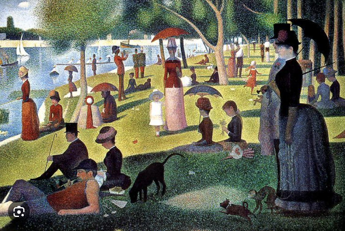 <p>wie schildert ‘un dimach après-midi à l’île à la grand jatte’ en in welke stroming </p>