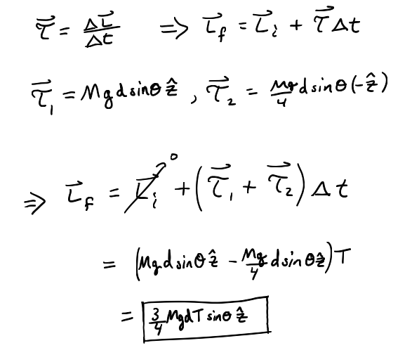 <p>angular momentum update formula. remember horizontal torque’s cancel out when finding net torque.</p>