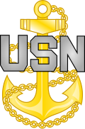 <p>Gold fouled anchor with silver USN centered across anchor</p>