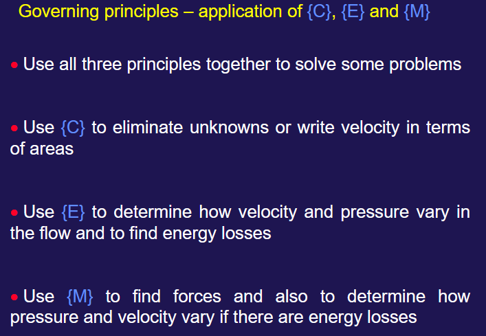 <ul><li><p>Continuity</p></li><li><p>Momentum</p></li><li><p>Energy</p></li></ul><p></p>