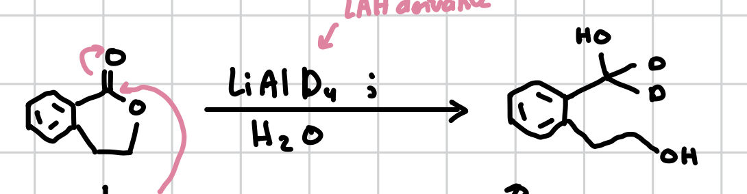 <p>Will open the ring adding a carbon to the side that did not have the ether and making it an alcohol and then turning the carbonyl into an alcohol and adding a D grouo</p><p>Reagents: LiAlD4;H2O </p>