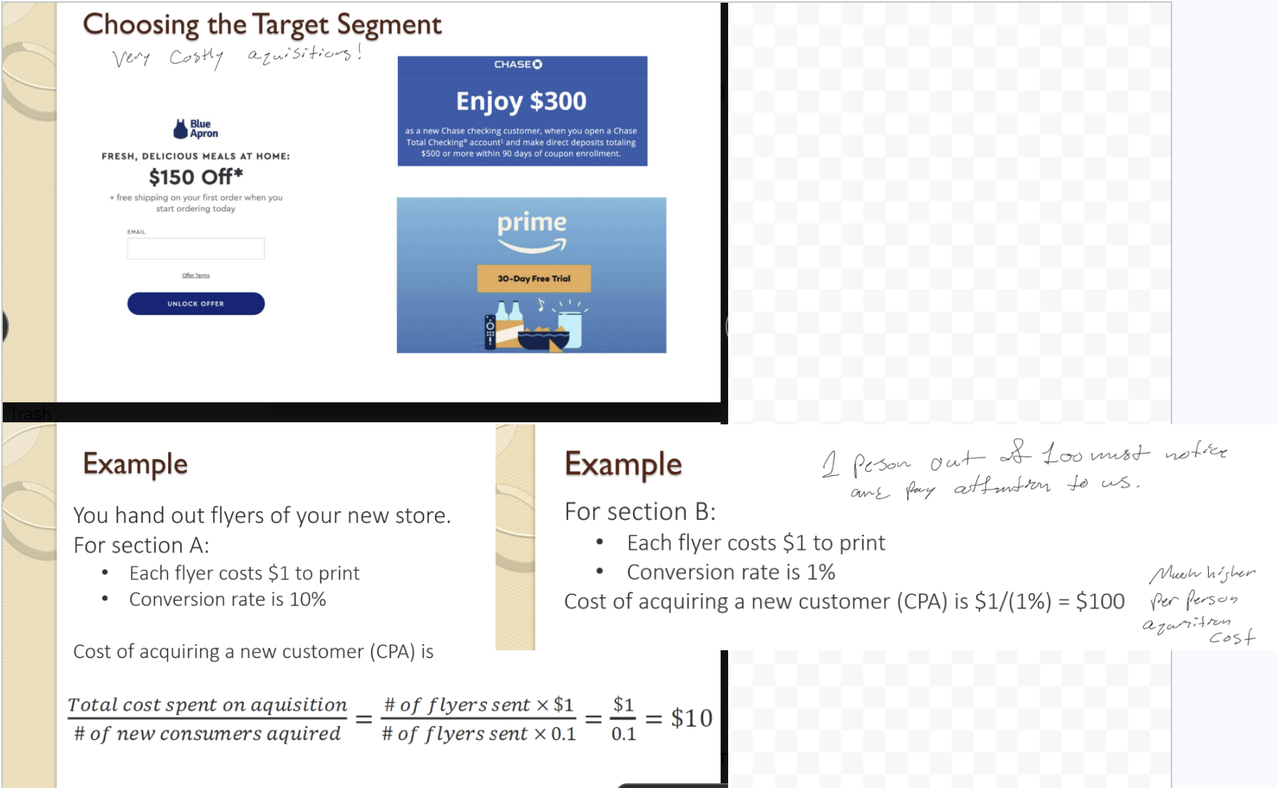 <p>Cost Per Acquisition (CPA) is the average cost to acquire/attract one new customer in a target segment. It includes all marketing and advertising expenses needed to convert a prospect into a customer. </p><ul><li><p><strong>Formula</strong></p><ul><li><p>$$CPA = \frac{\text{Total Acquisition Cost}}{\text{Number of Customers Acquired}}$$ </p><ul><li><p>Or alternatively:</p></li></ul></li><li><p>$$CPA = \frac{\text{Total Marketing Cost}}{\text{Conversion Rate}}$$</p></li></ul></li></ul><ul><li><p><strong>Example from flyer campaign:</strong></p><ul><li><p><u>Handing out flyers for new store to Section A</u></p><ul><li><p>Each flyer costs $1 to print and the conversion rate is 10% (1 in 10 people who get flyer become customers). </p></li></ul></li><li><p><u>Handing out flyers for new store to Section B</u></p><ul><li><p>Each flyer costs $1 to print and the conversion rate is 1% (1 in 100 people who get flyer become customers). </p></li></ul></li></ul></li><li><p><strong>Calculation</strong></p><ul><li><p>CPA = Total flyers sent × $1 / (Total flyers sent × 0.1)</p><ul><li><p><u>A</u>: $1 / 0.1 = $10 per customer acquired. </p><ul><li><p>This means it costs $10 in marketing to acquire one new customer in Section A. </p></li></ul></li><li><p><u>B</u>: $1 / 0.01 = $100 per customer acquired. </p><ul><li><p>This means it costs $100 in marketing to acquire one new customer in Section B. </p></li></ul></li></ul></li></ul></li></ul><ul><li><p><strong>Real-world examples</strong></p><ul><li><p>Blue Apron offers $150 off (high CPA)</p></li><li><p>Chase Bank offers $300 bonus (high CPA)</p></li><li><p>Amazon Prime offers 30-day free trial (moderate CPA). </p></li></ul></li><li><p><strong>Why CPA matters for segment selection</strong></p><ul><li><p>Lower CPA = better segment to target (easier/cheaper to acquire customers). </p></li></ul></li></ul><p></p>