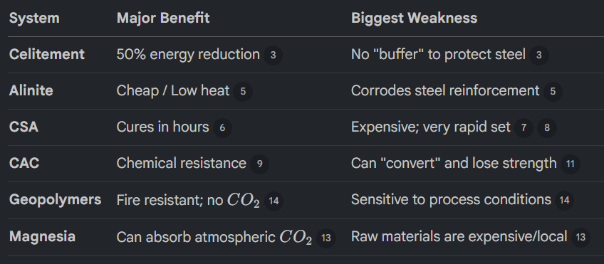 <ul><li><p>Celitement - Uses a two-stage hydrothermal process to create a binder that requires 50% less energy to produce standard cement. It is strong but doesn’t contain calcium hydroxide (CH), which protects the steel reinforcement from rusting.</p></li><li><p>Alinite Cement - Uses chlorides as a flux to lower the kiln temperature to 1000<span><strong>°</strong></span>C. While it is cheaper and uses waste materials, the chlorides within the cement will corrode steel reinforcement.</p></li></ul><p></p><ul><li><p>Calcium Sulphoaluminate - These cements reach full strength in hours rather than days. They are expensive and can be hard to work with because they set so quickly.</p></li><li><p>Calcium Aluminate Cement (CAC) - Known for extreme chemical resistance and fast 1-day strength. However, if kept in warm, moist conditions, it can undergo conversion, where the internal structure shifts and loses half its solid volume, potentially leading to a collapse if the water-cement ratio is too high.</p></li></ul><p></p><ul><li><p>C02 Recombination - Because magnesium carbonate decomposes at a much lower temperature (~450°C) than limestone (~700°C), it uses less energy to make.</p></li><li><p>Absorption - Most importantly, these cements can absorb atmospheric CO2 as they harden, potentially making them carbon neutral or even carbon negative.</p></li></ul><p></p><ul><li><p>Geopolymers - They are marketed as no calcium, no CO2 binders. Instead of heating limeston, they take industrial waste (like fly ash or slag) and activate it with a strong alkaline chemical. They have excellent fire resistance and rapid strength gain, however they are very sensitive to how they are made and require handling acid-like chemicals.</p></li></ul><p></p>