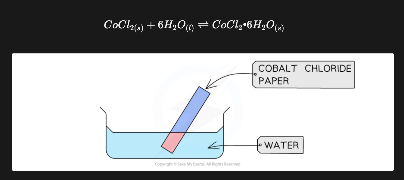 <ul><li><p>Cobalt chloride paper used to test for water (changes pink in water)</p><ul><li><p>Anhydrous cobalt (II) chloride (CoCl2) is blue</p></li><li><p>Hydrated cobalt (II) chloride (CoCl2•6H2O) is pink</p></li></ul></li></ul><p></p>