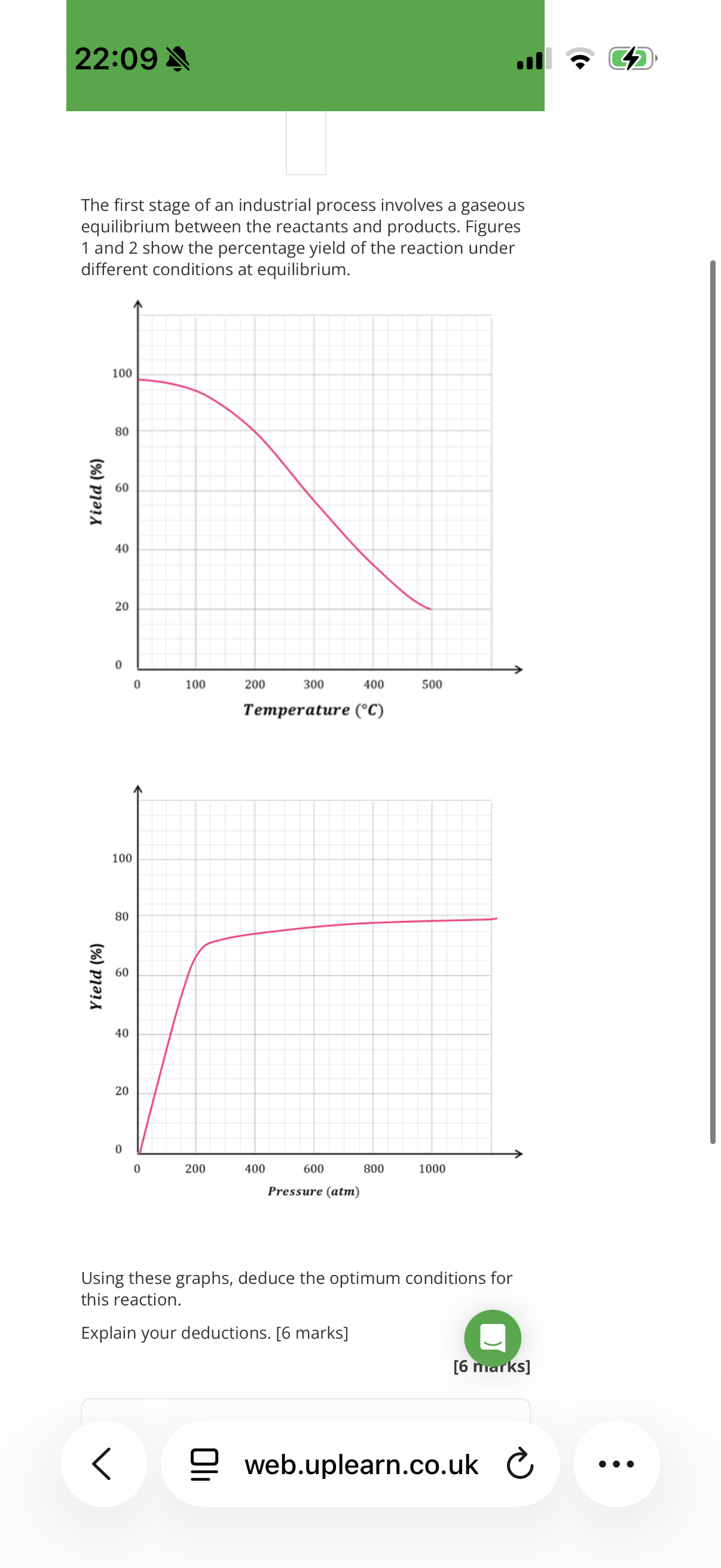 <p>Note: Optimal conditions in industry prioritise maximizing product formed but also want the rate of reaction to be fast so product is formed quick. So there needs to be a compromise because it’s not possible to have supper high temperatures and pressures in all reactions.</p><p>Note: high pressure is expensive and dangerous, low temp means rate of reaction is slow but too high is expensive.</p><p>Note: 1st deductions from graph, 2nd suggest optimum temperature, 3rd suggest optimum pressure.</p>