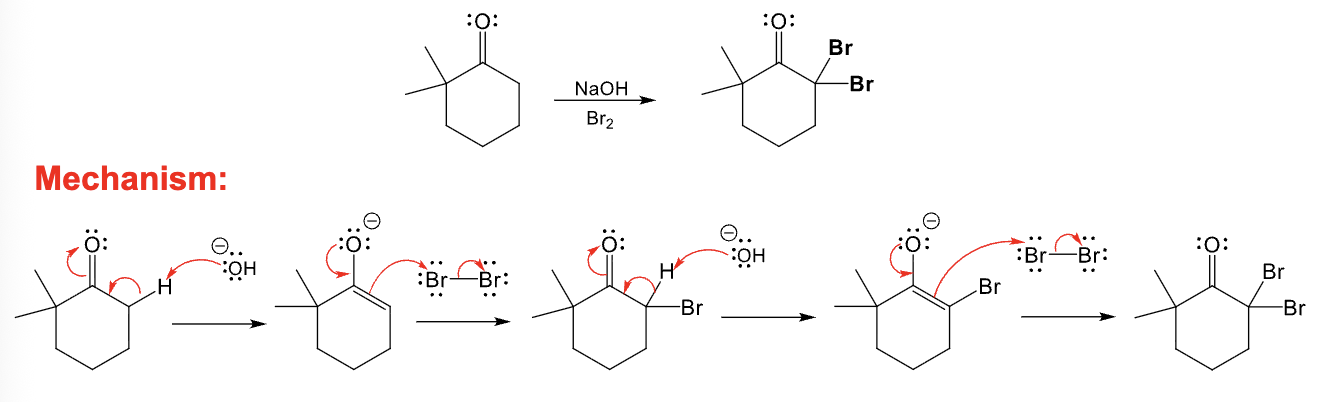 <ul><li><p>Alpha halogenation in basic conditions</p></li><li><p>Multiple halogenations occur</p></li></ul><p></p>