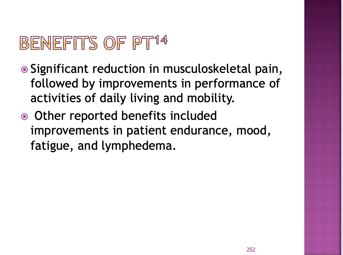 <p><span>For modalities, if they are in hospice if you have something that can reduce their pain, you can do it to get QOL</span></p><p style="text-align: left;"></p><p style="text-align: left;"><span>Tens, massage, slow deep breathing techniques for pain</span></p><p style="text-align: left;"><span>Teach them how to be safe and be more independent in their disease restrictions</span></p>