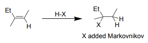 <p>-makes Alkane: alkyl halide </p><p>-X added Markovnikov </p>
