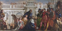 <p>I. scène historique transformée en spectacle vénitien</p><p>Le tableau représente un épisode antique : la famille du roi perse Darius se prosternant devant Alexandre le Grand après sa défaite. Mais Véronèse transpose cette scène dans un décor somptueux typiquement vénitien : costumes riches et contemporains du XVIe siècle, architecture inspirée des palais de Venise etcC..</p><p>=> cherche pas la reconstitution historique fidèle, mais crée un spectacle visuel qui parle à son époque.</p><p>- Paul Véronèse, Le Repas chez Lévi, 1573, Venise.</p><p>--> scène religieuse transformée en banquet vénitien animé et presque profane qui lui à valu un proces</p><p>==> évolution de la peinture vers plus de liberté et de mise en scène à la fin de la Renaissance.</p><p>II. génie de la composition</p><p>- Composition est complexe mais parfaitement lisible :</p><p> --> organisation en groupes de figures,</p><p>--> jeu de regards et de gestes qui guide l'œil,</p><p>--> mise en scène théâtrale avec une hiérarchie claire des personnages.</p><p>- détail célèbre : la confusion entre Alexandre et son compagnon Héphaestion, que la famille de Darius prend pour le roi. = valoriser la clémence d'Alexandre. --> rouge = Héphaestion, orange = Alexandre</p><p>III. valeurs humanistes et du pouvoir</p><p>- met en avant la magnanimité d'Alexandre :</p><p> il pardonne à ses ennemis + incarne l'idéal du prince vertueux.</p><p>==> correspond aux valeurs humanistes de la Renaissance et fait écho aux attentes des élites vénitiennes : représenter un pouvoir juste, cultivé et noble. </p><p>- La peinture devient un outil de réflexion sur le pouvoir et ses qualités.</p><p>- ex Titien, Charles Quint à Muhlberg, 1548, Madrid, Prado</p>