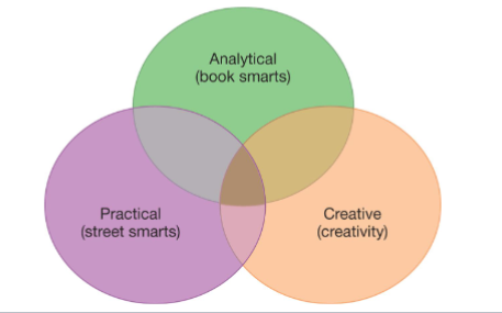 <ul><li><p>based on the idea that intelligence is not JUST measured by academic performance</p><ul><li><p>he included analytical intelligence and called it book smarts</p></li><li><p>Practical; they draw from experience, can adapt to diff situations (street smarts)</p></li><li><p>Creative; they see things from a unique perspective</p></li></ul></li></ul><p></p>