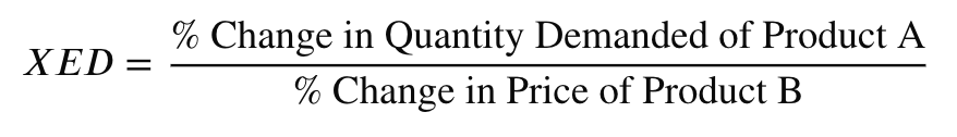 <p>XED= %change quantdemand B/ %change price A`</p>
