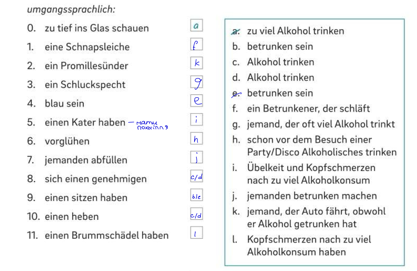 <p>einen Kater haben<strong><mark data-color="blue" style="background-color: blue; color: inherit;"> (та інша лексика)</mark></strong></p>