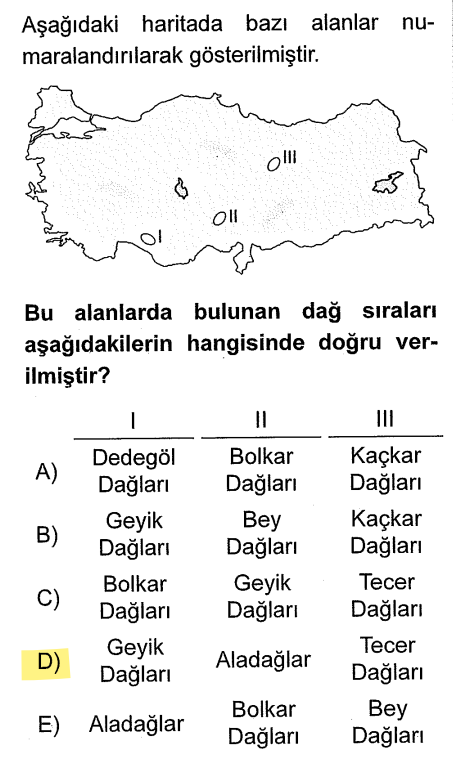 <p><strong>I Numara:</strong> Batı Toroslar'da yer alır. (Geyik Dağları)</p><p><strong>II Numara:</strong> Orta Toroslar'ın en yüksek ve belirgin kısmıdır. (Aladağlar)</p><p><strong>III Numara:</strong> İç Anadolu'nun doğusunda, Sivas çevresindeki kıvrımlı dağdır. (Tecer Dağları)</p>