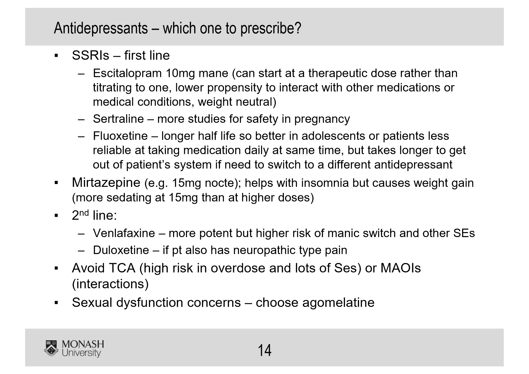 <p><strong><u>Antidepressants:</u></strong></p><ol><li><p>SSRIs</p></li><li><p>SNRIs/Other ()</p></li></ol><p><strong>SSRIs:</strong></p><ul><li><p><em>Sertriline</em>: all-rounder, 1st line, min AEs,</p></li><li><p><em>Fluoxetine</em>: min AEs, more activating than <em>Sert </em>(gives energy)</p></li></ul><p></p>