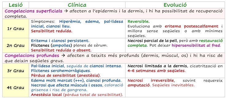 <p>CONGELACIONES: Condicion medica en la que la piel y tejidos subayacentes se dañan a causa de una exposicion prolongada al frio intenso, sobre todo cuando la T es inferior a 0ºC. Afecta a zonas perifericas del cuerpo como cara, dedos, pies, etc</p><p>CLASIFICACIONES: TABLA</p><p>TRACTAMENT:</p><ul><li><p>SI</p><ul><li><p>Alejar del frio, quitar ropa humeda, eliminar todo el que dificulte la circulación, dar bebida calientes y con sucre, reescalfament progresivo, ellevar extremitats, tratar como si fuesen quemmadas, administracion medica en hospital, fisioterpaia precoz para evitar secuelas, evitar recolzament de la zona afectada</p></li></ul></li><li><p>Tractamiento quirugico en caso grave, fascitomia, escarecttomias o amputación</p></li><li><p>NO</p><ul><li><p>No calentar rapidament ni con calor seco o directa, no fregar ni fer masaje, no descongelar si habra otra exposicion al fred, no trencar ampollas, no alcohol ni fumar, no amputacions precoces</p></li></ul></li></ul><p></p>