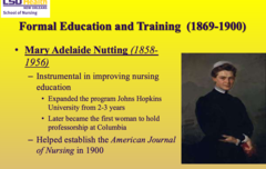<p>- established the American Journal of Nursing in 1900</p><p>- very important in improving nursing education</p><p>- expanded the program at John Hopkins University from 2 to 3 years </p><p>- the first woman to become a professor at Columbia</p>