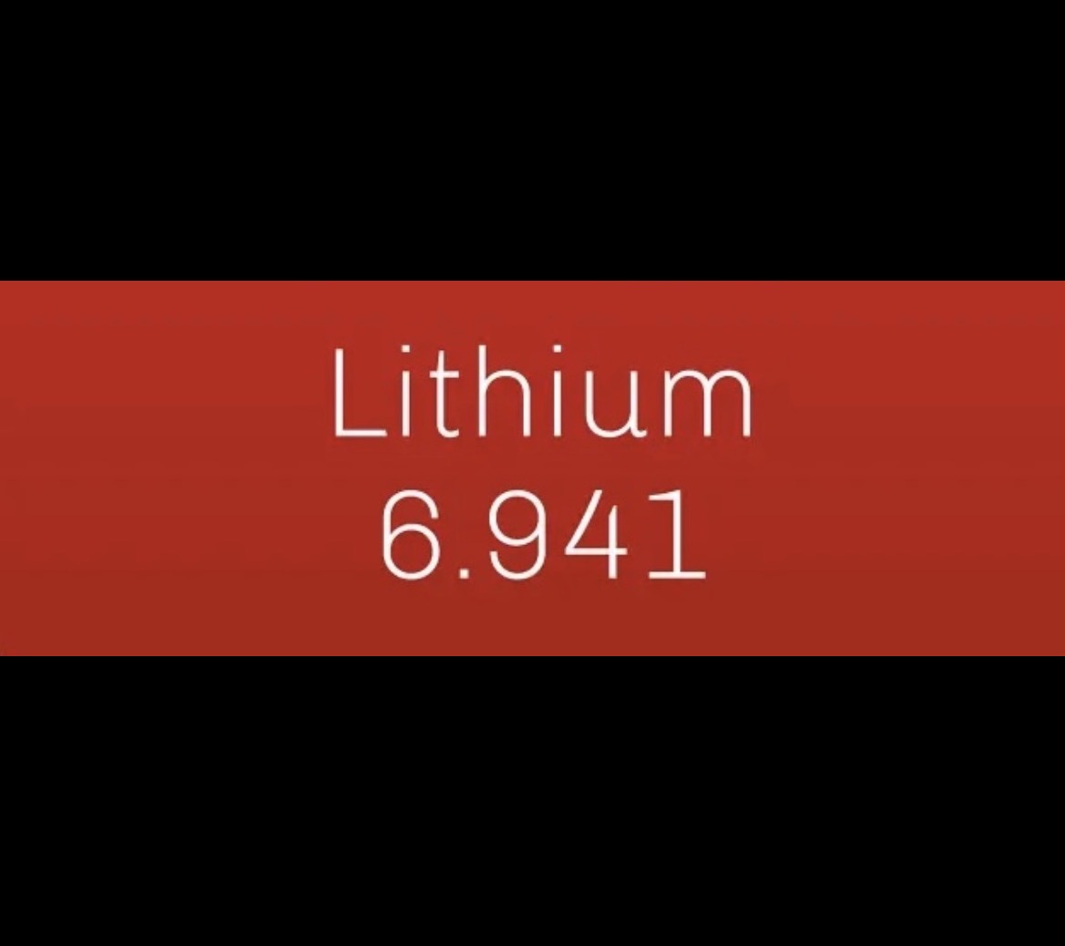 <p>Lithium (6.941)</p><p><span>Lithium reacts instantly/ explosively with </span><strong>water</strong><span>/ </span><strong>oxygen</strong><span>, which is why it has to be stored in oil or sealed tightly in BATTERIES.</span></p>