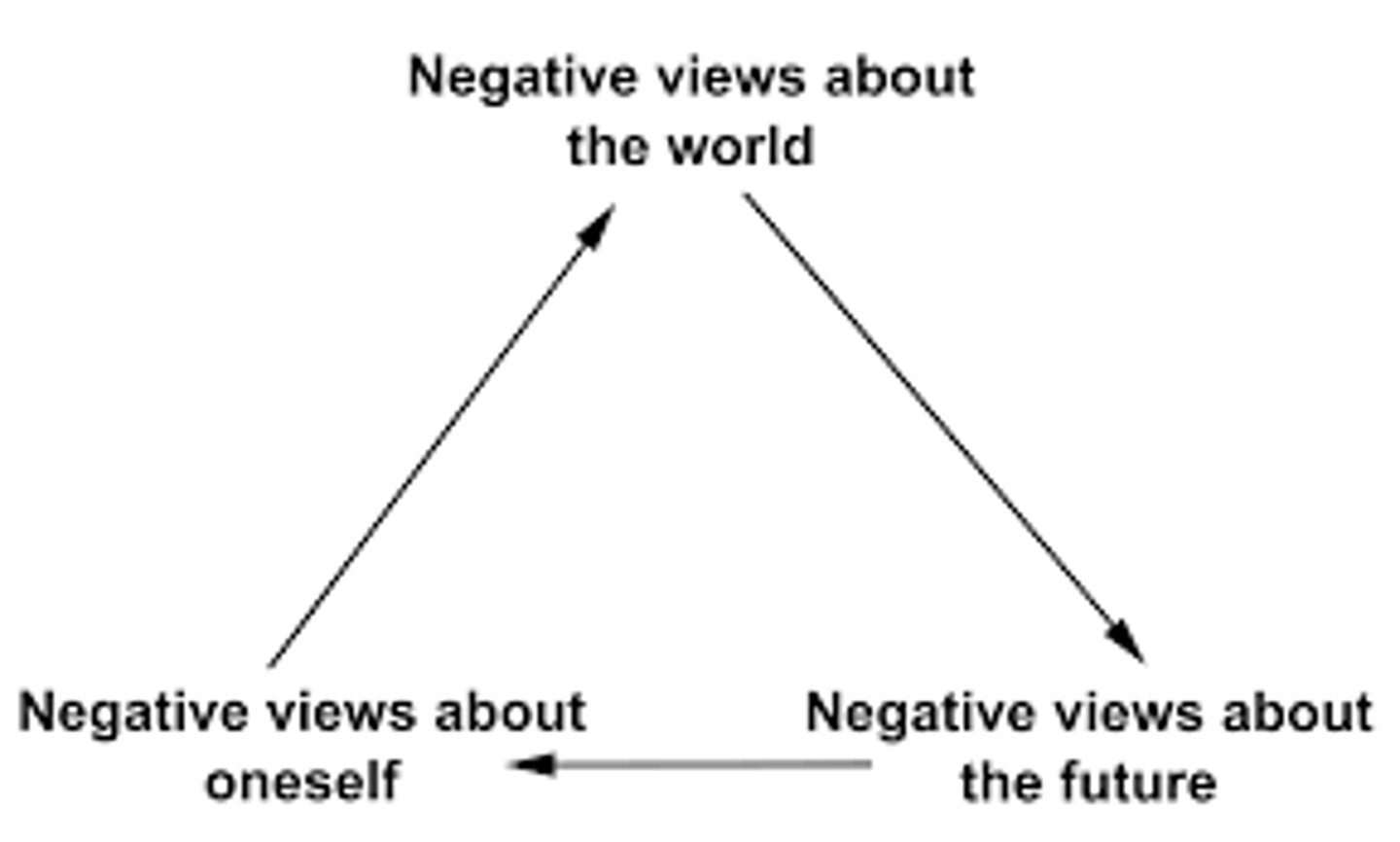 <p>depression caused by depressive cognitive triad</p><p>negative beliefs about self, world, &amp; future</p>
