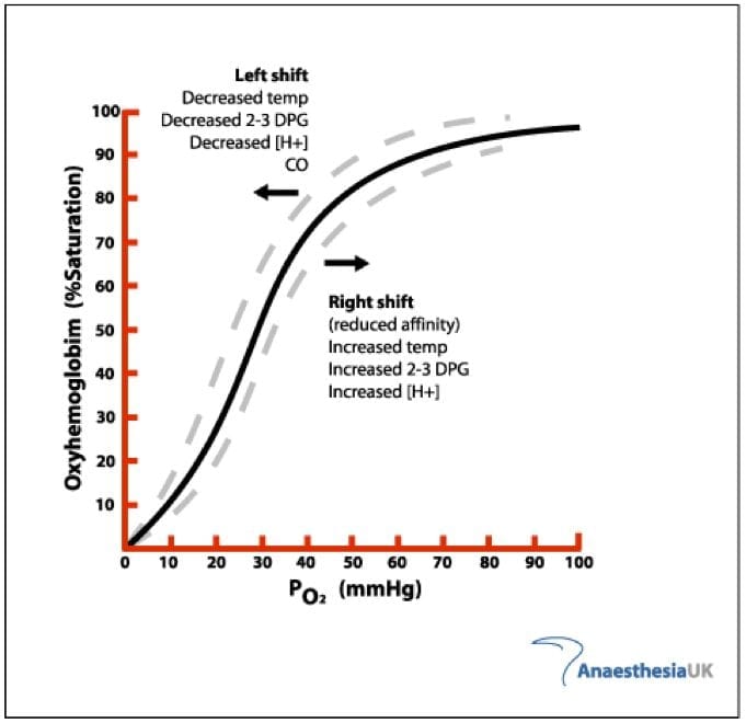 <p>A curve that represents the amount of oxygen (%) available in hemoglobin compared to the partial pressure of oxygen.</p>