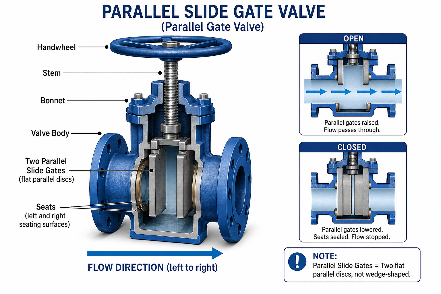 <p><strong><mark data-color="blue" style="background-color: blue; color: inherit;">CLOSURE ELEMENT: gate valve</mark></strong></p><p></p><p><strong><mark data-color="yellow" style="background-color: yellow; color: inherit;">Description</mark></strong></p><p><span>• Consist of <strong>two parallel (flat) gate discs</strong> often assisted by system pressure or a spring mechanism instead of a wedge-shaped gate to open or close the flow.</span></p><p><span data-name="point_right" data-type="emoji">👉</span><span> <strong>Think:</strong> <em>The gates are flat and parallel—not wedge-shaped.</em></span></p><p></p><p><mark data-color="yellow" style="background-color: yellow; color: inherit;"><span data-name="gear" data-type="emoji">⚙</span></mark><span><strong><mark data-color="yellow" style="background-color: yellow; color: inherit;"> Main Components</mark></strong></span></p><ul><li><p><span><strong>Handwheel</strong> – rotates to operate the valve</span></p></li><li><p><span><strong>Stem</strong> – raises and lowers the gate assembly</span></p></li><li><p><span><strong>Bonnet</strong> – covers and supports the stem</span></p></li><li><p><span><strong>Valve Body</strong> – contains the internal components</span></p></li><li><p><span><strong>Two Parallel Gate Discs</strong> – flat discs that move vertically</span></p></li><li><p><span><strong>Seats</strong> – provide sealing surfaces on both sides</span></p></li></ul><p></p><p><mark data-color="yellow" style="background-color: yellow; color: inherit;"><span data-name="factory" data-type="emoji">🏭</span></mark><span><strong><mark data-color="yellow" style="background-color: yellow; color: inherit;"> Common Uses</mark></strong></span></p><p><span data-name="check_mark_button" data-type="emoji">✅</span><span> Steam pipelines</span></p><p><span data-name="check_mark_button" data-type="emoji">✅</span><span> High-pressure systems</span></p><p><span data-name="check_mark_button" data-type="emoji">✅</span><span> Power plants</span></p><p><span data-name="check_mark_button" data-type="emoji">✅</span><span> Boiler systems</span></p><p><span data-name="check_mark_button" data-type="emoji">✅</span><span> Large industrial piping</span></p><p></p><p><mark data-color="yellow" style="background-color: yellow; color: inherit;"><span data-name="check_mark_button" data-type="emoji">✅</span></mark><span><strong><mark data-color="yellow" style="background-color: yellow; color: inherit;"> Advantages</mark></strong></span></p><ul><li><p><span>Less likely to bind due to thermal expansion</span></p></li><li><p><span>Suitable for high-temperature service</span></p></li><li><p><span>Lower operating torque in some applications</span></p></li><li><p><span>Good for steam service</span></p></li></ul><p></p><p><mark data-color="yellow" style="background-color: yellow; color: inherit;"><span data-name="cross_mark" data-type="emoji">❌</span></mark><span><strong><mark data-color="yellow" style="background-color: yellow; color: inherit;"> Disadvantages</mark></strong></span></p><ul><li><p><span>More complex than a solid wedge gate valve</span></p></li><li><p><span>More internal components</span></p></li><li><p><span>Less common in ordinary building plumbing</span></p></li></ul><p></p><p></p>