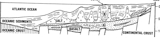 <p>Salt tends to flow upwards due to density imbalance; it is lighter than surrounding material. As a result, it pierces upper layers of sediment and may become exposed as a diapir at the surface, with strata subsiding between diapirs and creating mini basins</p>