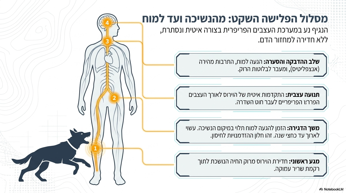 <ul><li><p><strong>השפעה במוח:</strong> הווירוס מתרבה במוח במהירות וגורם לאנצפליטיס (דלקת מוח) פטאלית. המחלה מוכרת עוד מהעת העתיקה במסופוטמיה ובעלת תפוצה כלל-עולמית (עשרות אלפי אנשים מתים בשנה, בעיקר בהודו).</p></li><li><p><strong>שיעור תמותה:</strong> <strong>100% תמותה</strong> מהרגע שמתפתחת אנצפליטיס ומופיעים סימנים עצביים.</p></li><li><p><strong>חלון ההדבקה:</strong> החולה מדביק אחרים <strong>רק מתחילת התחלואה הקלינית ועד מותו</strong> (תקופה של כ-10 ימים), כאשר בתקופה זו הווירוס נמצא גם בבלוטות הרוק של המדביק.</p></li><li><p><strong>יעילות חיסונית:</strong> קיים חיסון מצוין. מכיוון שמעבר הווירוס בגוף איטי, חיסון נשוכים מיד לאחר הנשיכה הוא אפקטיבי ביותר למניעת התפתחות המחלה</p></li></ul><p></p>