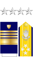 <p>The collar device is four silver five-pointed stars. The shoulder board is gold with four silver stars.</p>